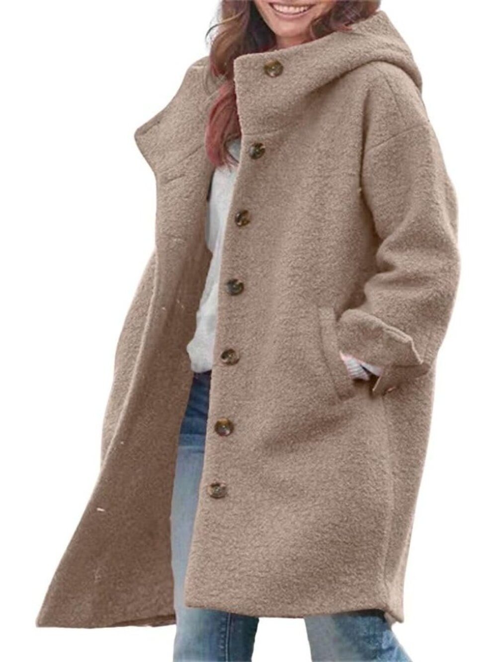 〽️Women's Khaki Hooded Long Wool Coat Button Down Loose Fit Winter Outerwear
